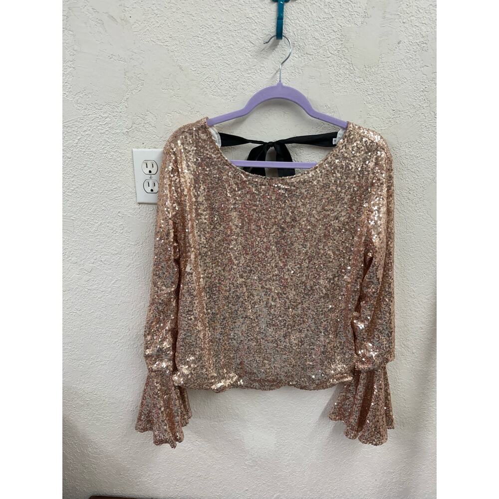 Rose Gold Tie Back Bell Sleeve Sequin Top